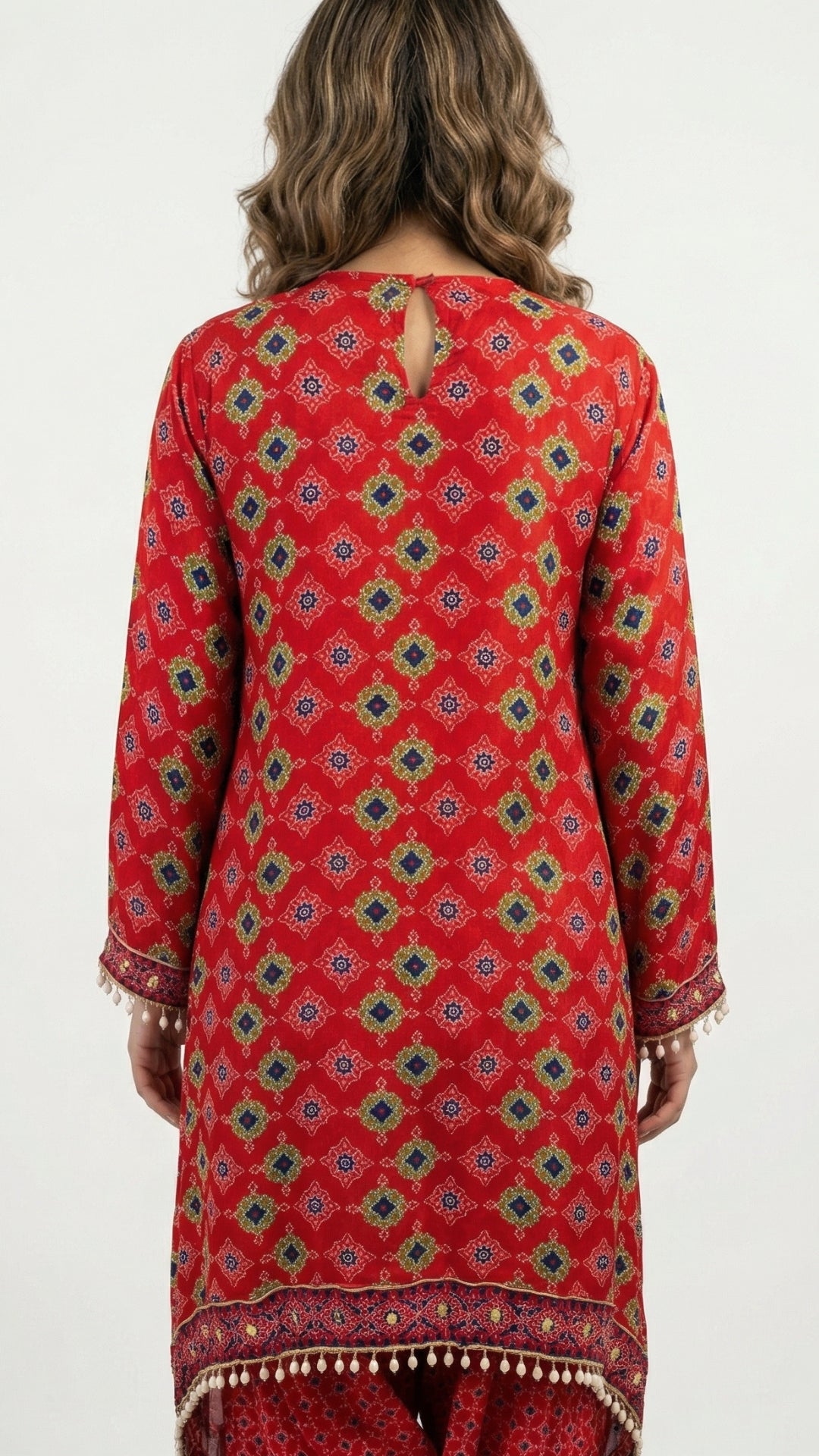 Cherry Red Crepe Coord Set with Digital Print, Zari & Mirror Detailing