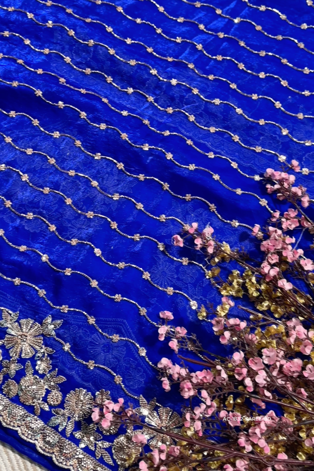 Blue Tissue Unstitched Saree Embellished With Sequins, Cutdana & Zari Work