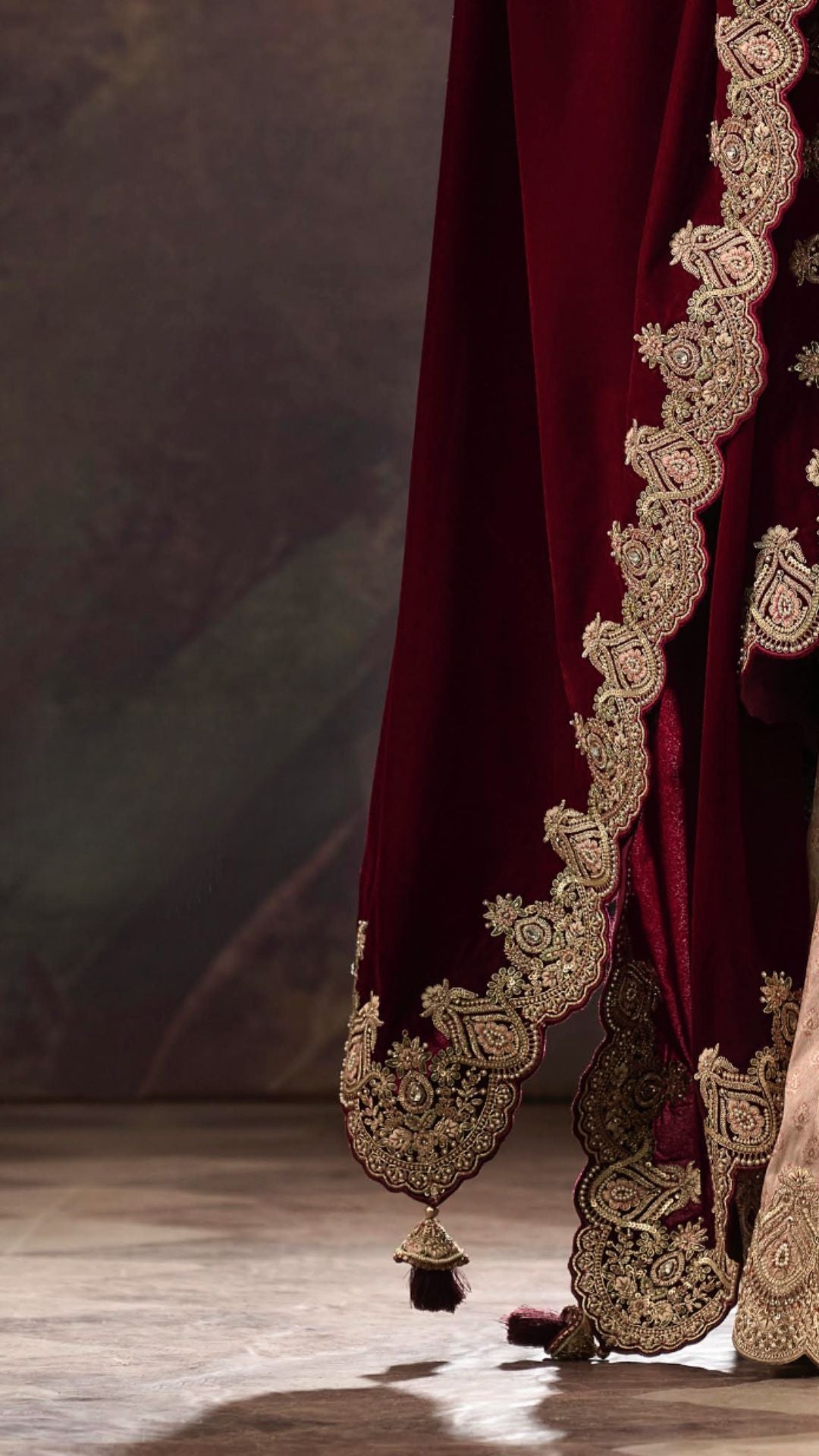 Peach Kanjivaram Silk Saree with Zardosi Work and Velvet Dupatta