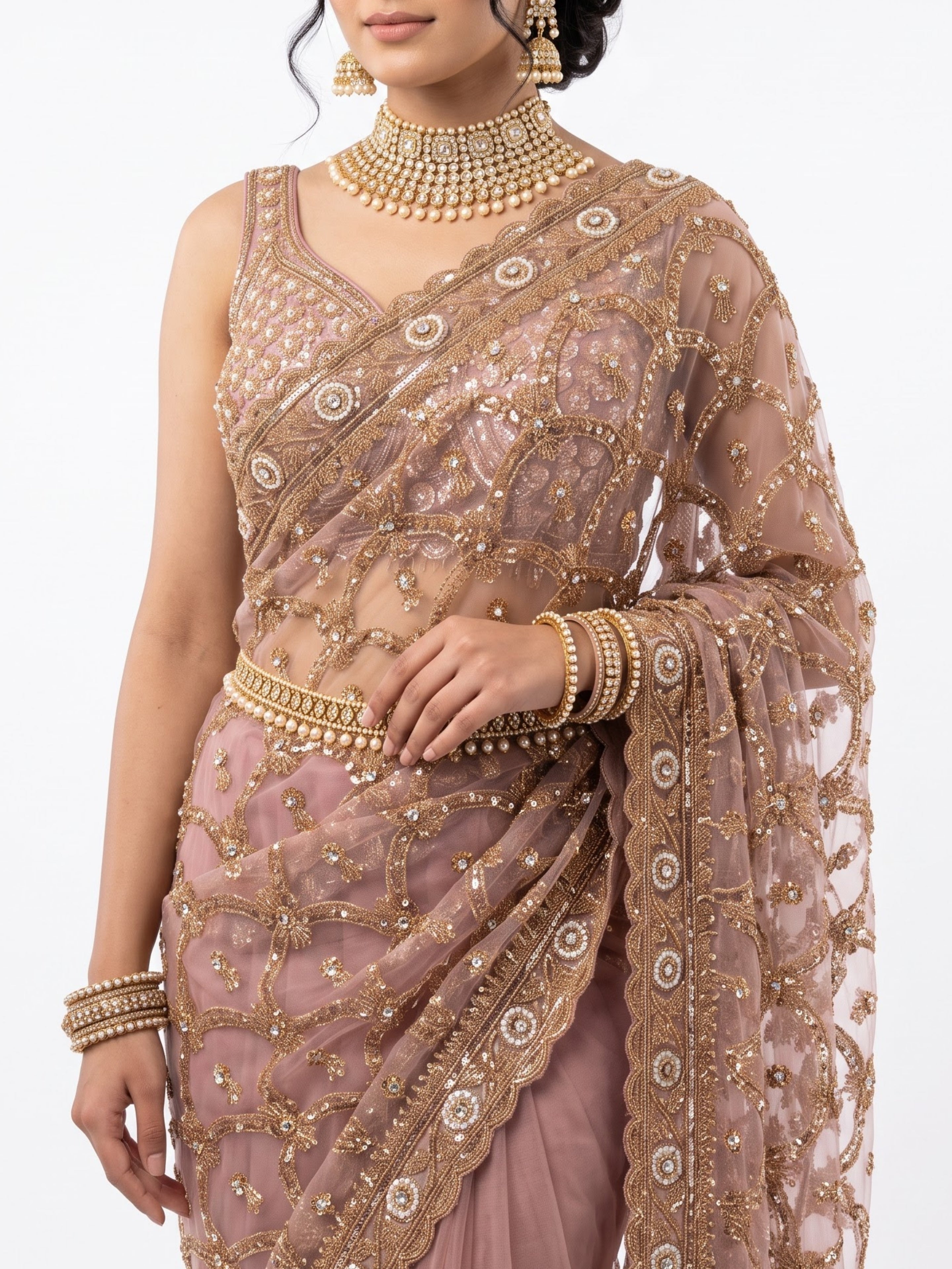 Net Saree Embellished With Cutdana, Sequins & Pearl Work