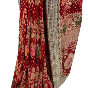 Red Georgette Unstitched Saree with Zari, Cutdana & Sequins Work and Heavy Lace Border