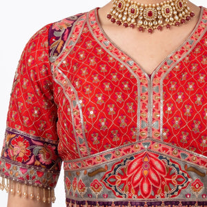 Maroon Digital Printed Silk Ready Made Saree Embellished With Sequins & Zari Work