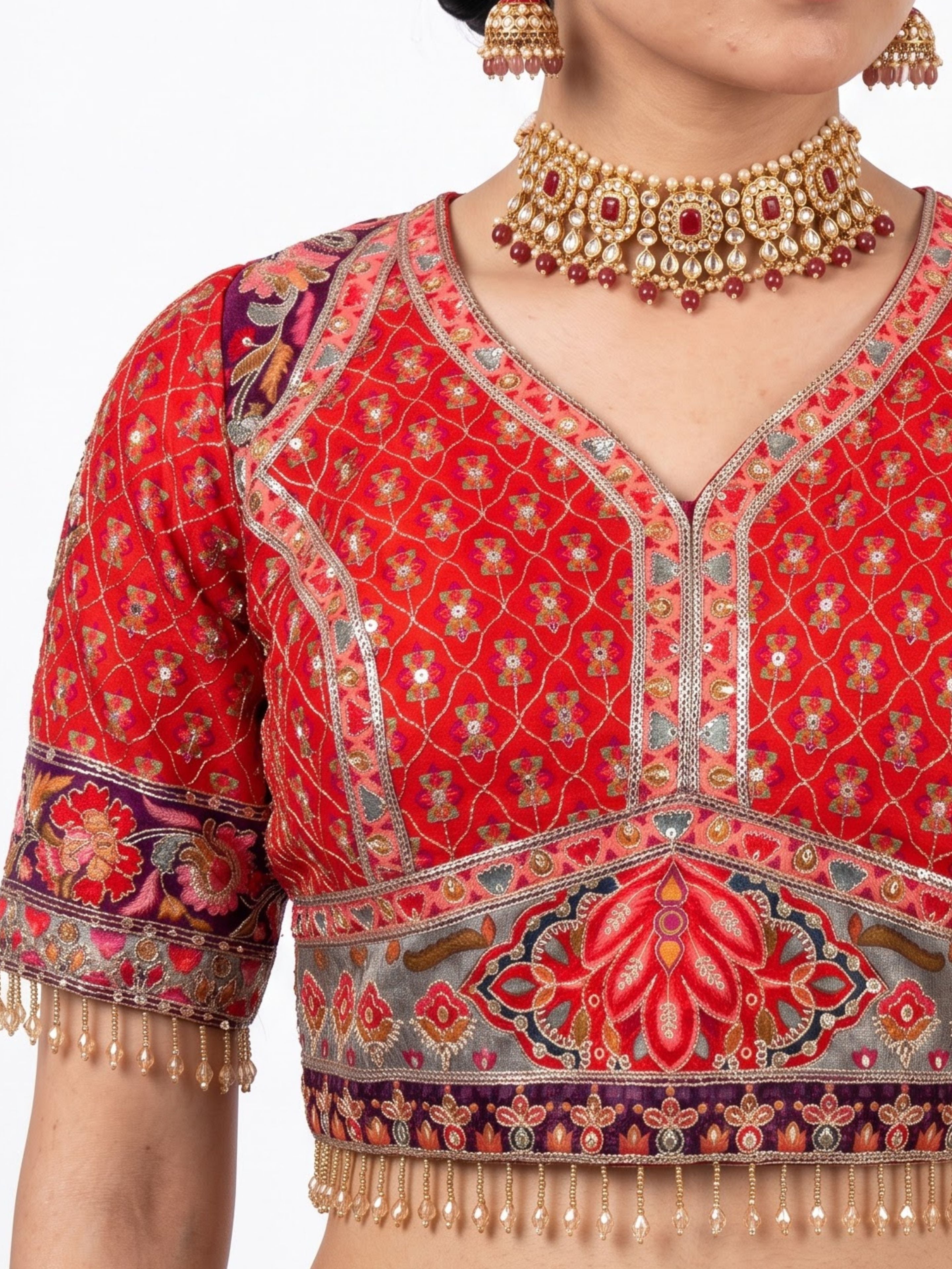 Maroon Digital Printed Silk Ready Made Saree Embellished With Sequins & Zari Work