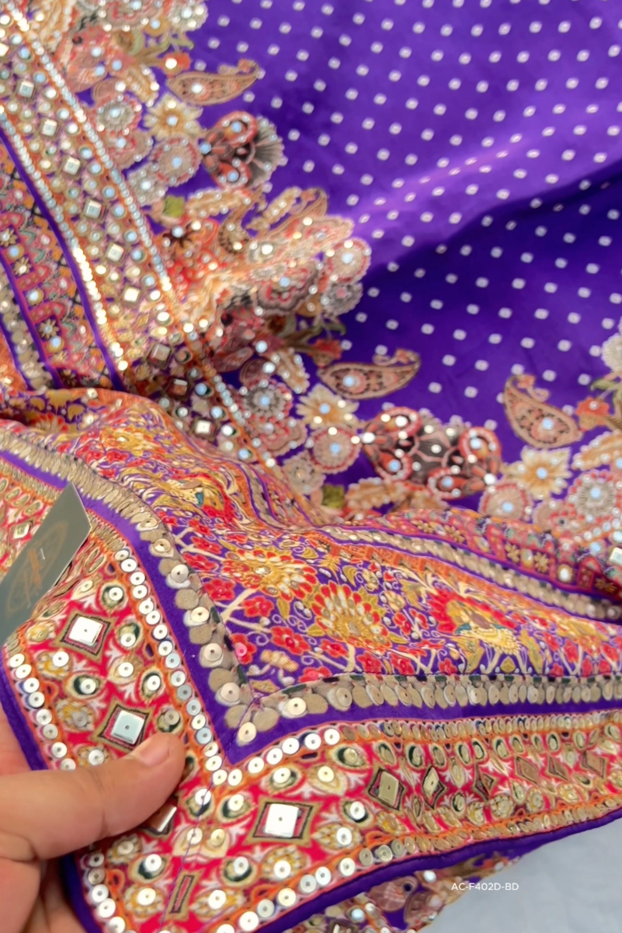 Rani Crepe Saree Embellished With Sequins & Mirror Work