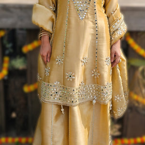 Beige Tissue Indowestern Set with Gota Patti and Mirror Work