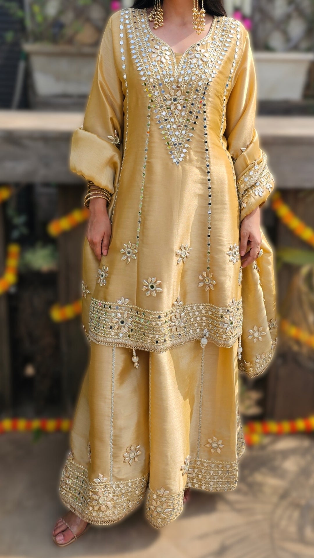 Beige Tissue Indowestern Set with Gota Patti and Mirror Work