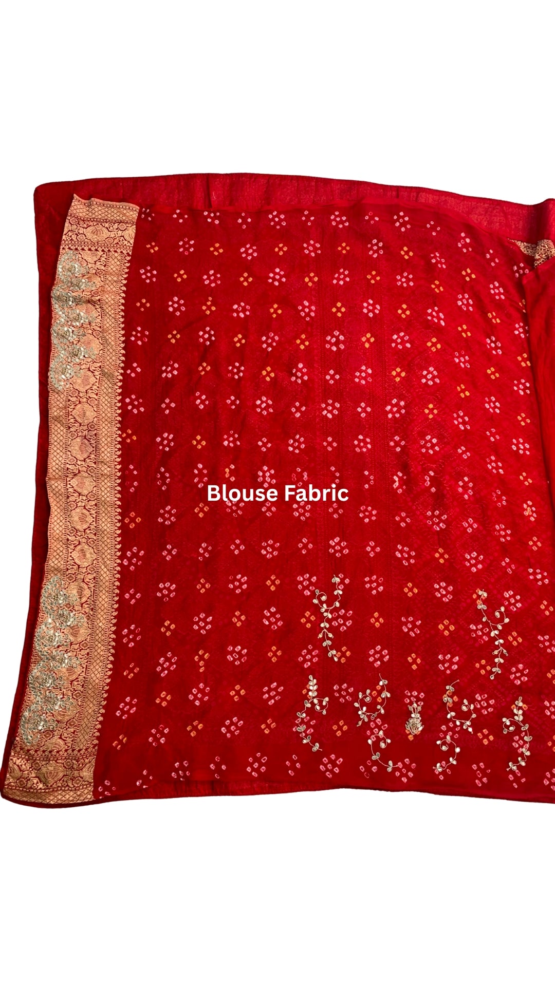 Red Pure Georgette Bandhej Unstitched Saree with Gota, Dabka & Dori Work