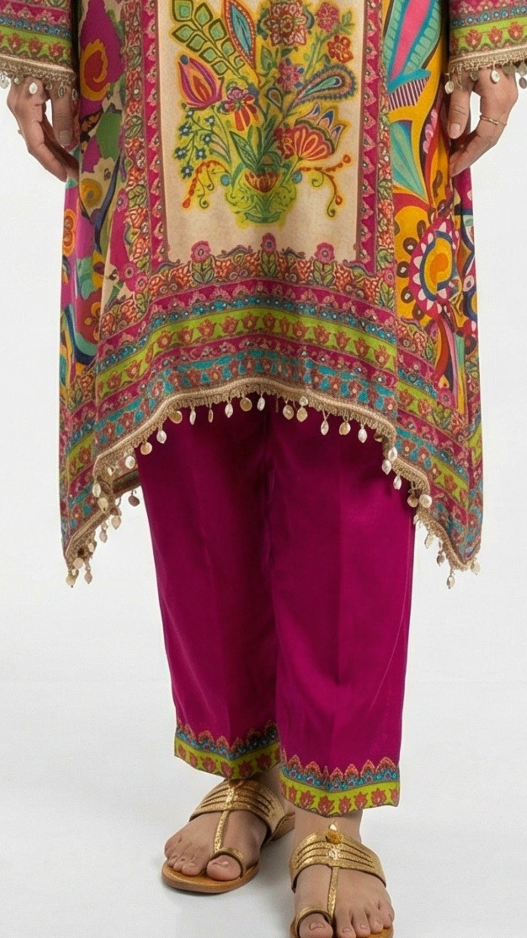 Multicolour Muslin Crepe Coord Set with Digital Print & Mirror Work