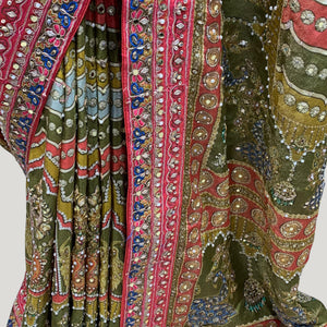 Moss Green Tissue Saree with Zari, Mirror & Stone Work