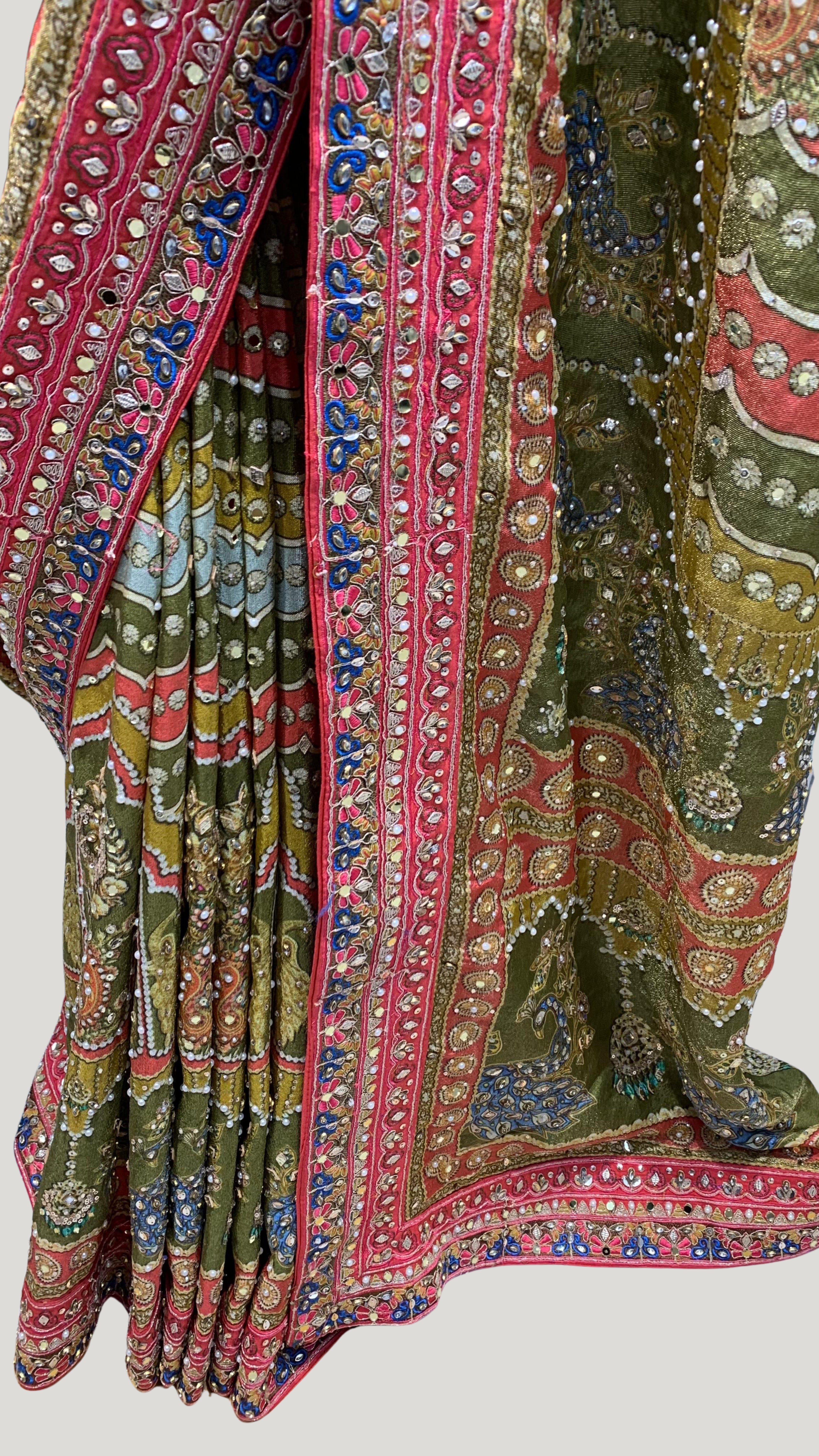 Moss Green Tissue Saree with Zari, Mirror & Stone Work