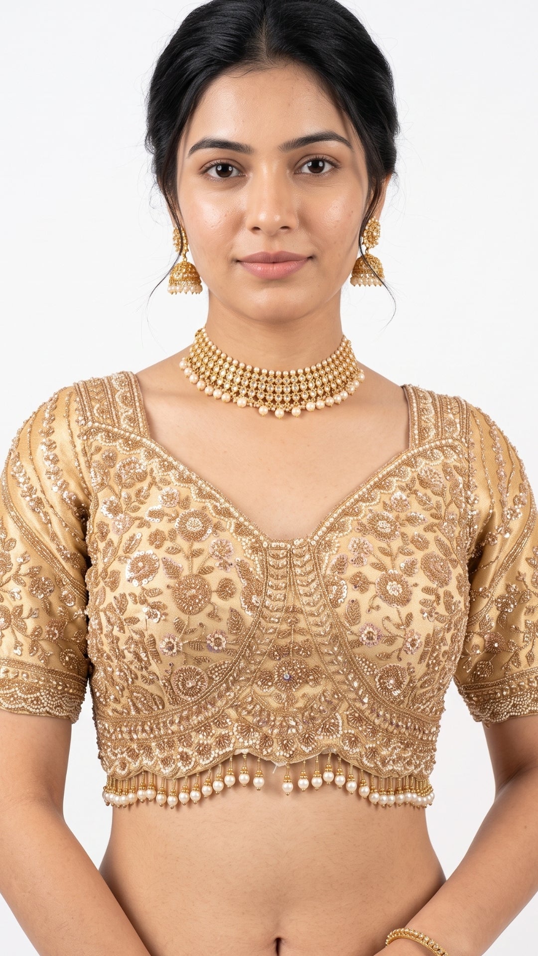 Golden Ivory Tissue Saree Embellished With Sequins, Moti & Cut Dana Work