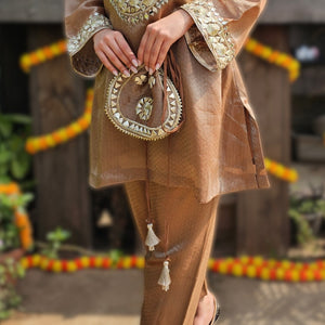 Brown Tissue Banarasi Indo-Western with Gota Patti & Mirror Work