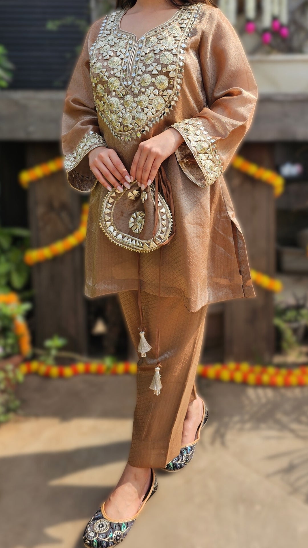 Brown Tissue Banarasi Indo-Western with Gota Patti & Mirror Work