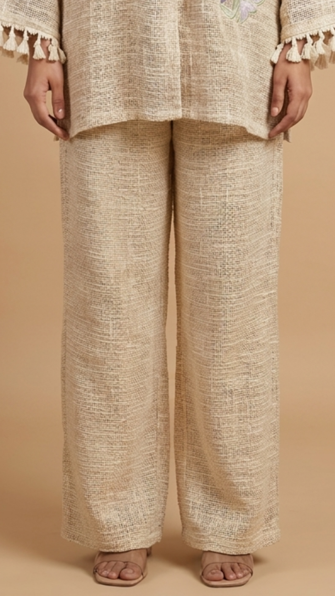 Beige and Cream Jute Embroidered Coord Set