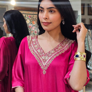 Ombre Pink Satin Crepe Indowestern Kaaftan and Bottom with Gota and Pearl Work