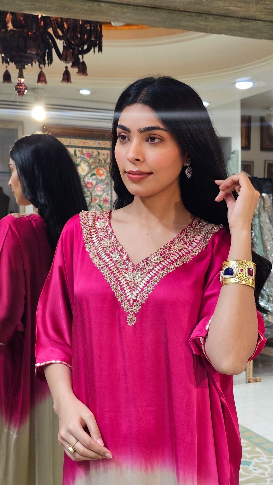 Ombre Pink Satin Crepe Indowestern Kaaftan and Bottom with Gota and Pearl Work