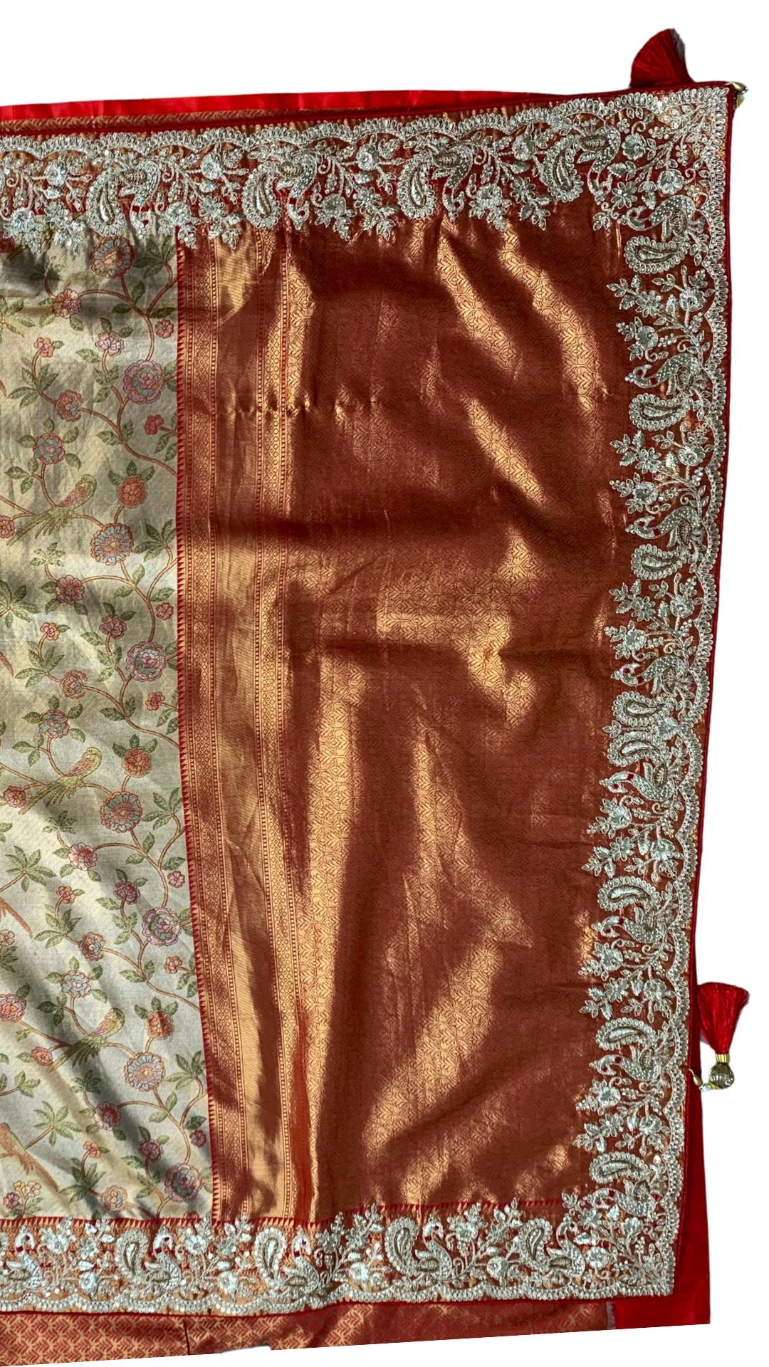 Rust Tissue Banarasi Unstitched Saree with Sequins & Cut Dana Work