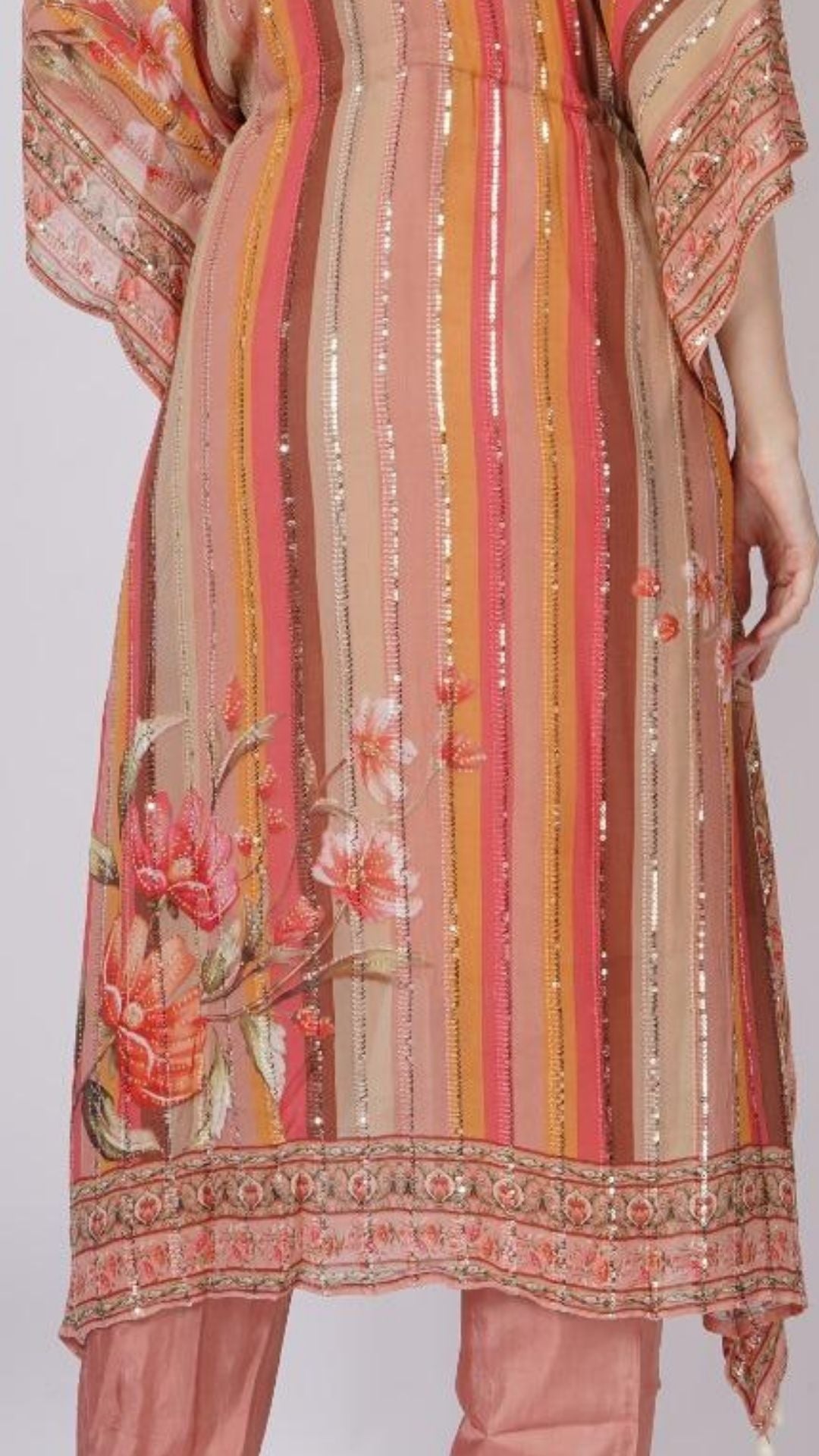 Multicolor Peach Georgette Kaaftan with Mirror and Sequins Work