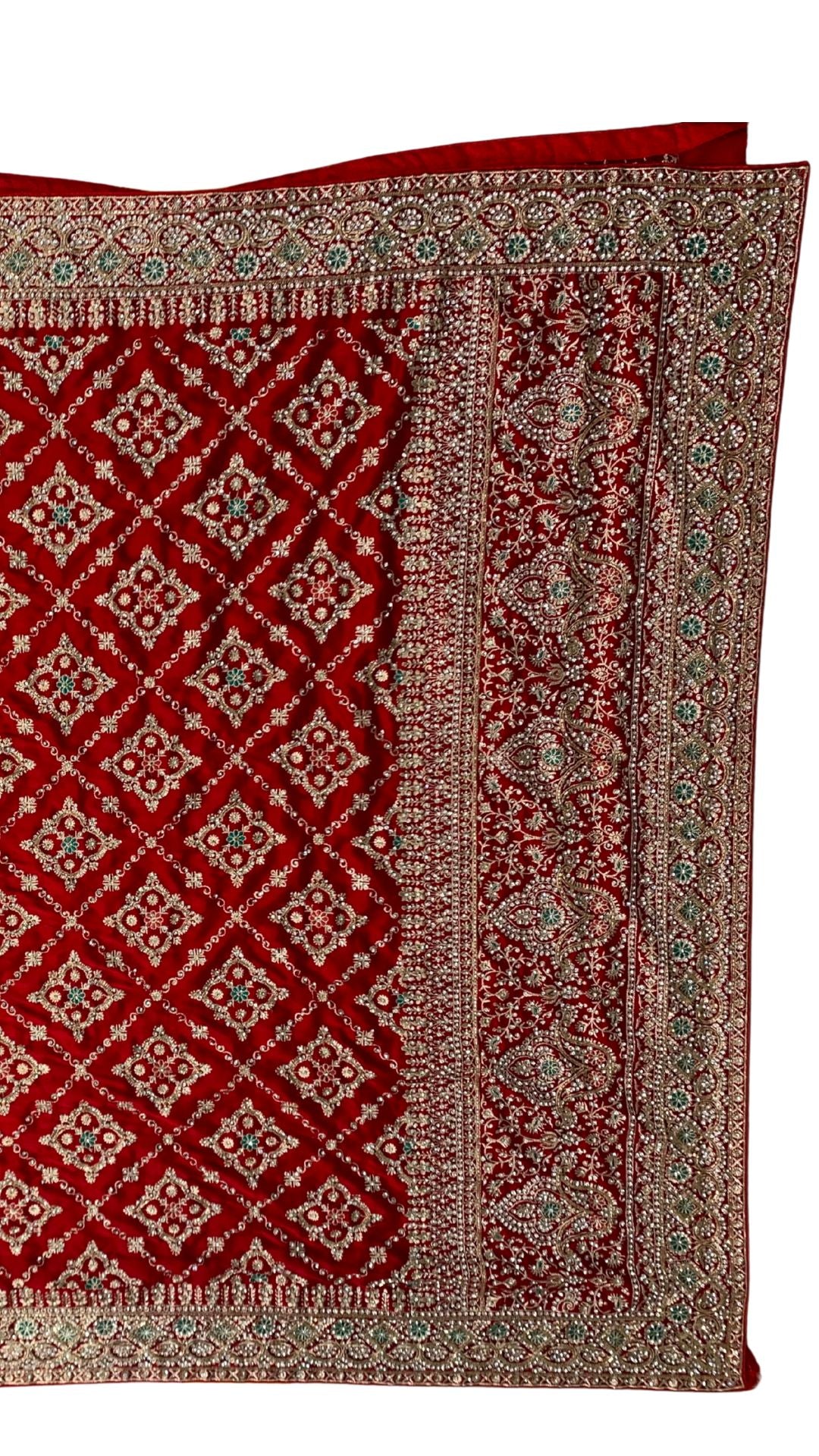 Red Bridal Satin Unstitched Saree with Zarkan & Cut Dana Work
