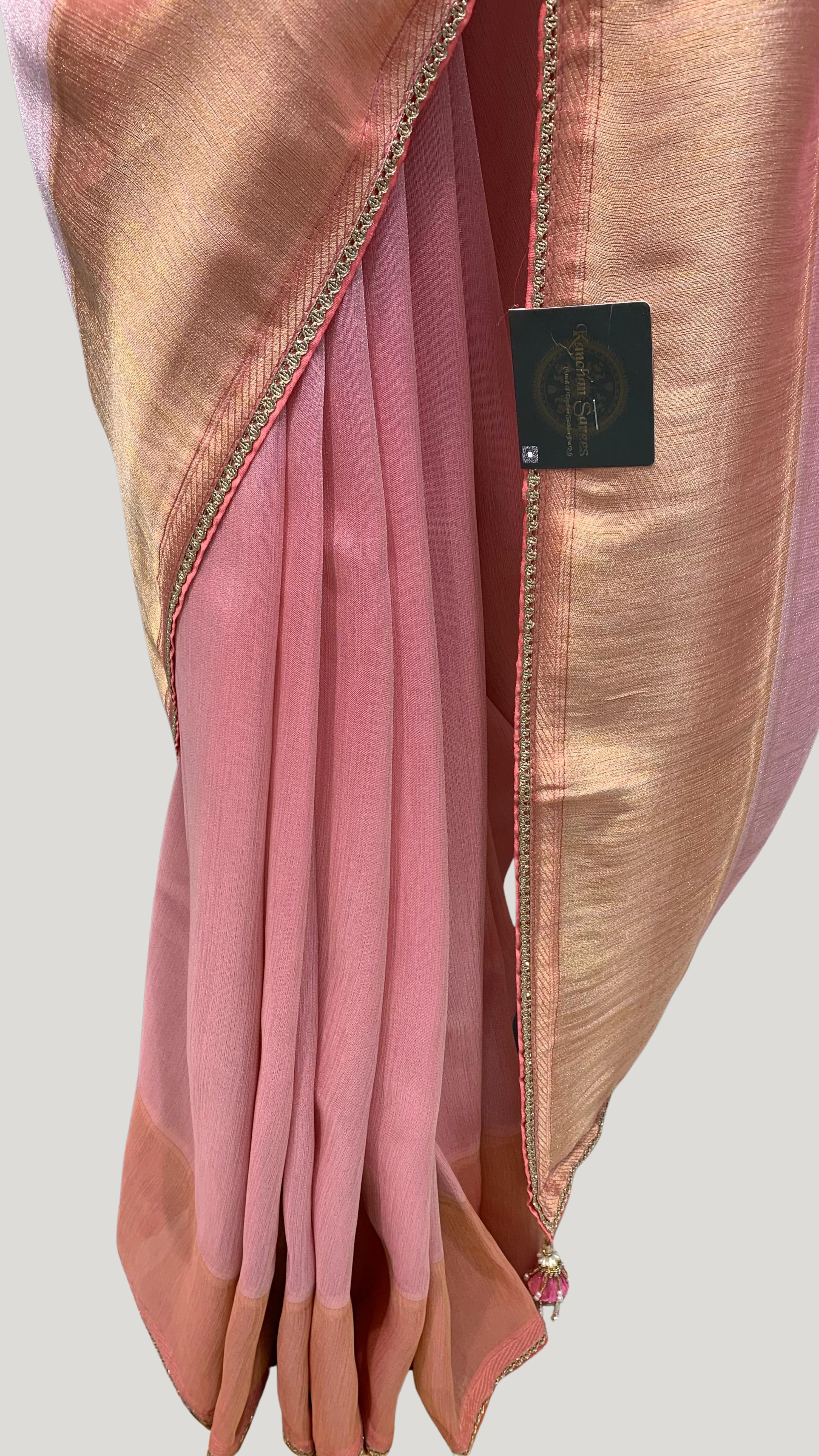 Baby Pink Silk Saree with Stitched Blouse and Zari, Cutdana & Sequins Work