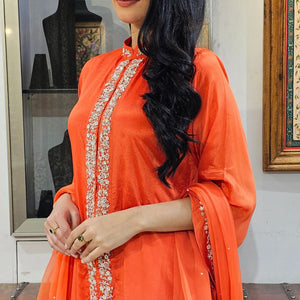 Orange Chinon Indowestern Top,Bottom and Dupatta with Swarovski,Sequins and Pearl Work