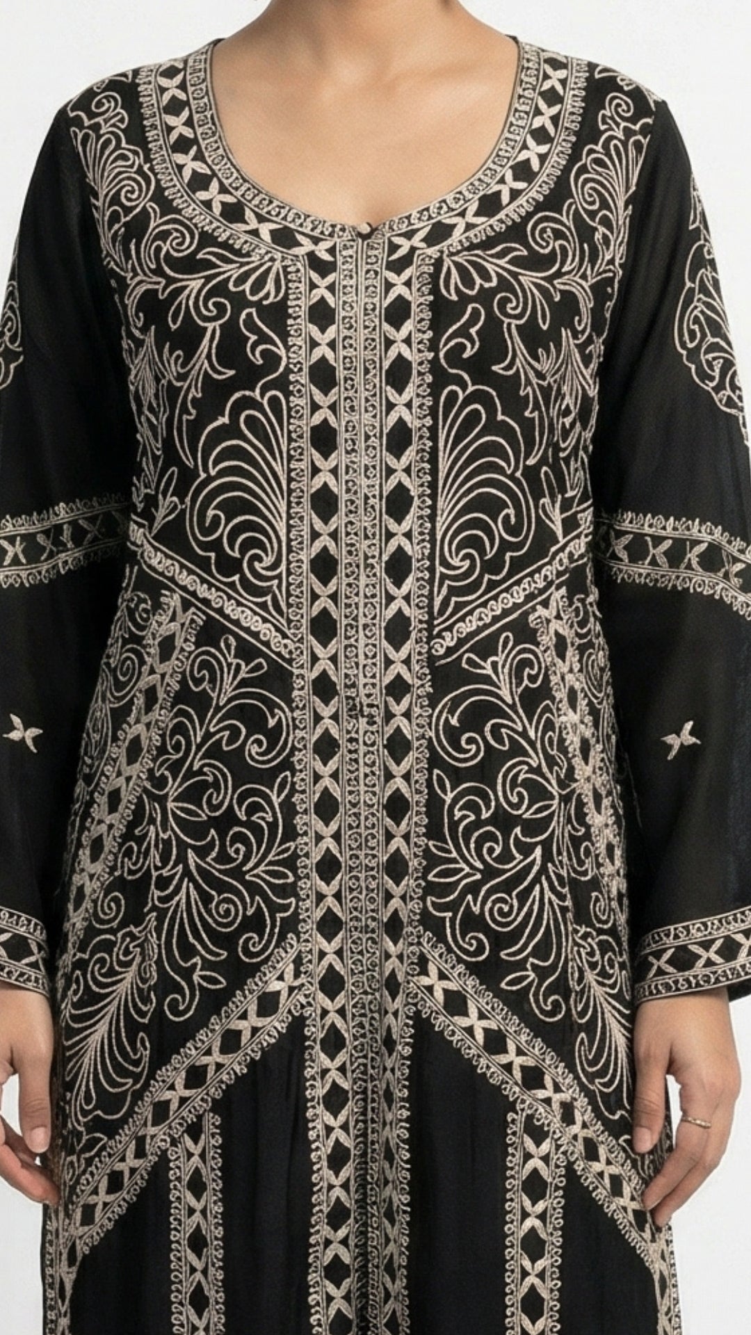 Black Chinon Suit Set with Thread Work Detailing