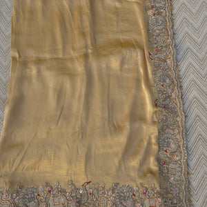 Golden Tissue Saree Embellished With Moti, Zari, Sequins & Cut Dana Work