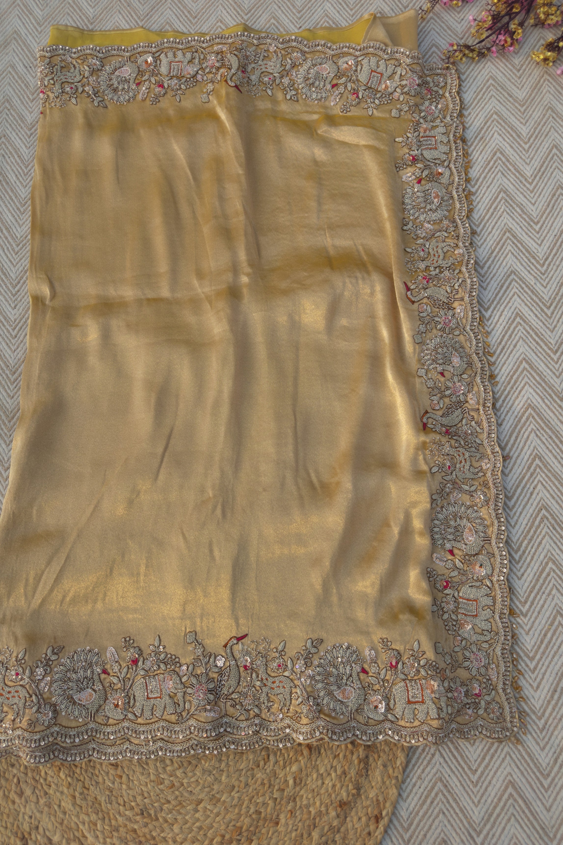 Golden Tissue Saree Embellished With Moti, Zari, Sequins & Cut Dana Work