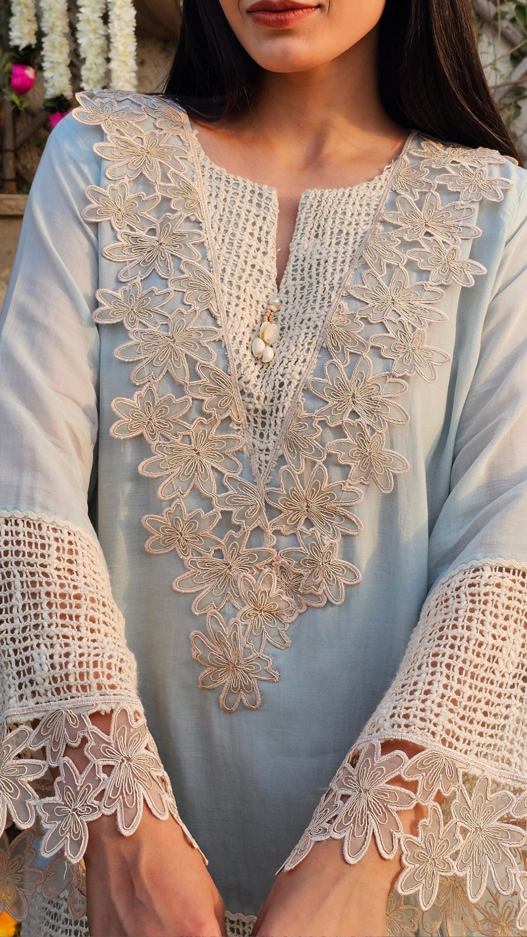 Mulmul Cotton Indo-Western in Sky Blue with Lace Work