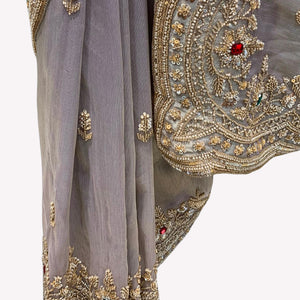 Lavender Tissue Unstitched Saree Embellished With Sequins, Cutdana, Moti & Stone Work