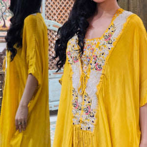 Yellow Chinon Indowestern Top,Jacket and Bottom with Resham Thread and Pearl Work