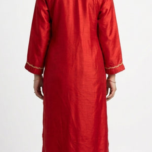 Red Dola Silk Suit Set with Zari, Pearl & Thread Detailing