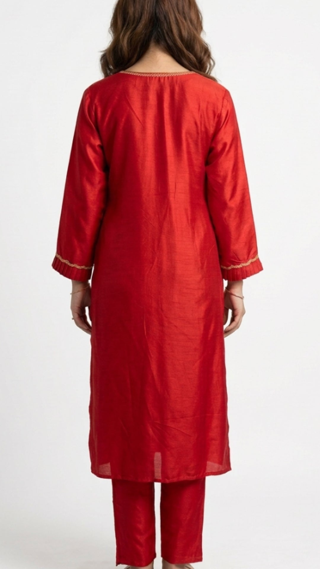 Red Dola Silk Suit Set with Zari, Pearl & Thread Detailing