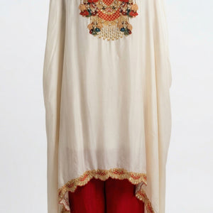 Beige & Red Digital Printed Crepe Coord Set with Cape Embellished with Pearl, Sequins & Sippi