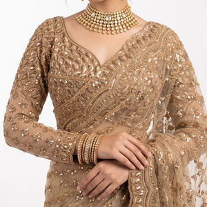 Golden Net Saree Embellished With Cutdana & Sequins Work