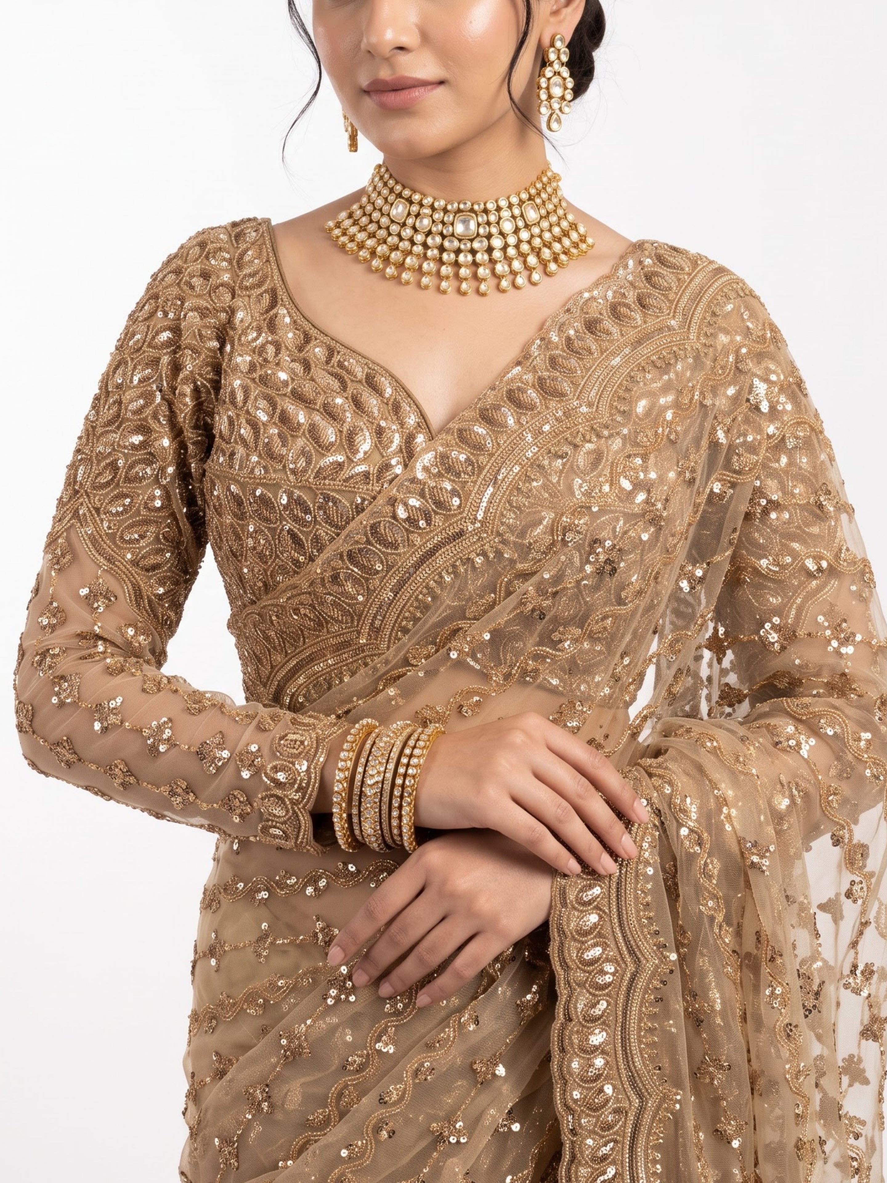 Golden Net Saree Embellished With Cutdana & Sequins Work