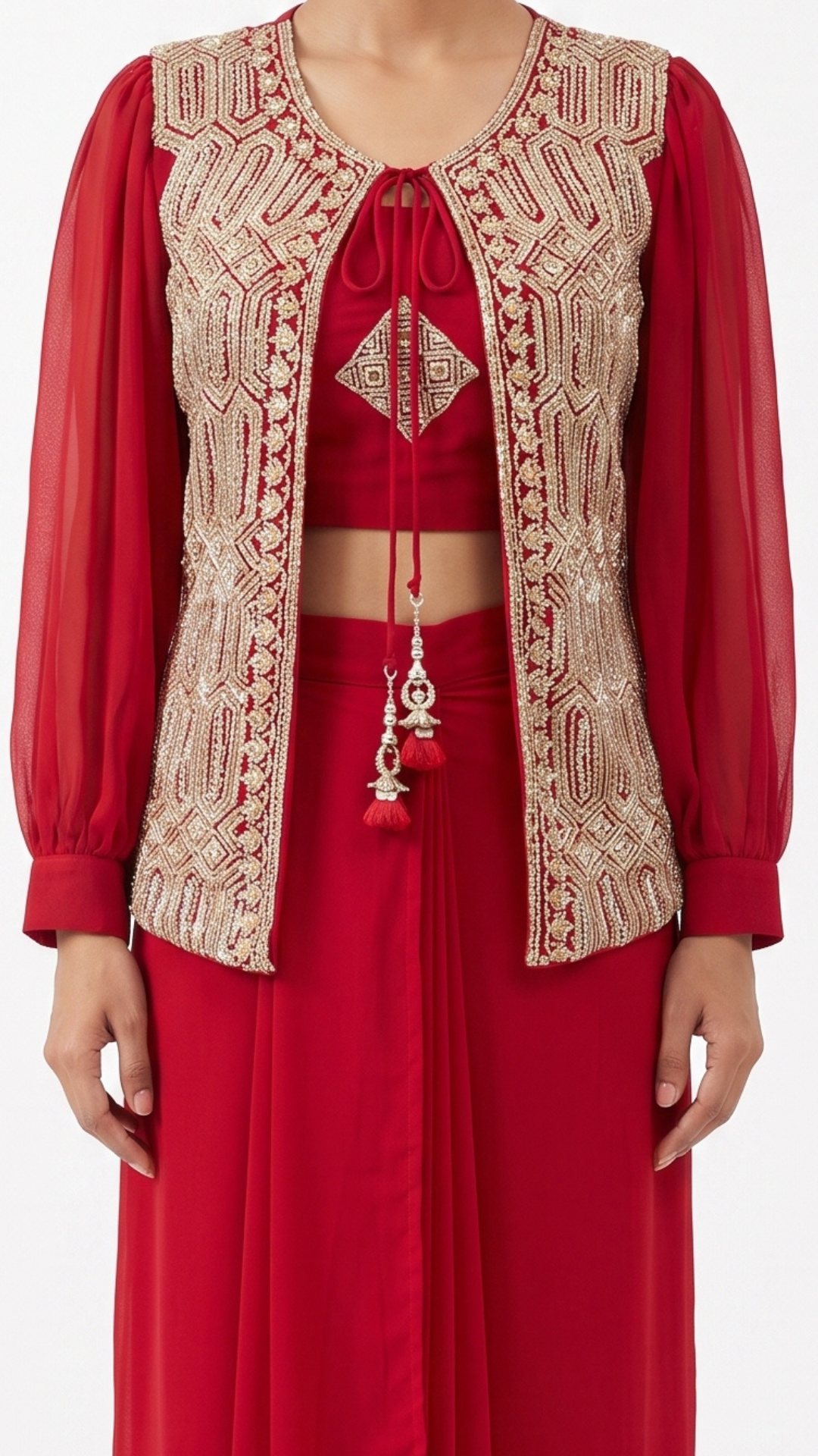 Red georgette Fabric Cutdana & jarkan work Sequins