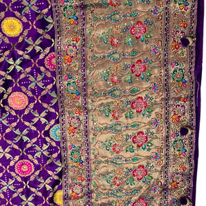 Purple Banarasi Silk Satin Unstitched Saree with Dabka, Sequins & Cut Dana Work