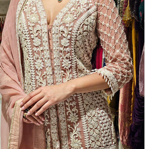Peach Georgette Indowestern Top and Bottom with Pearl and Thread Work with Dupatta