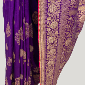 Purple Banarasi Silk Saree with Stitched Pink Blouse and Weaving Work
