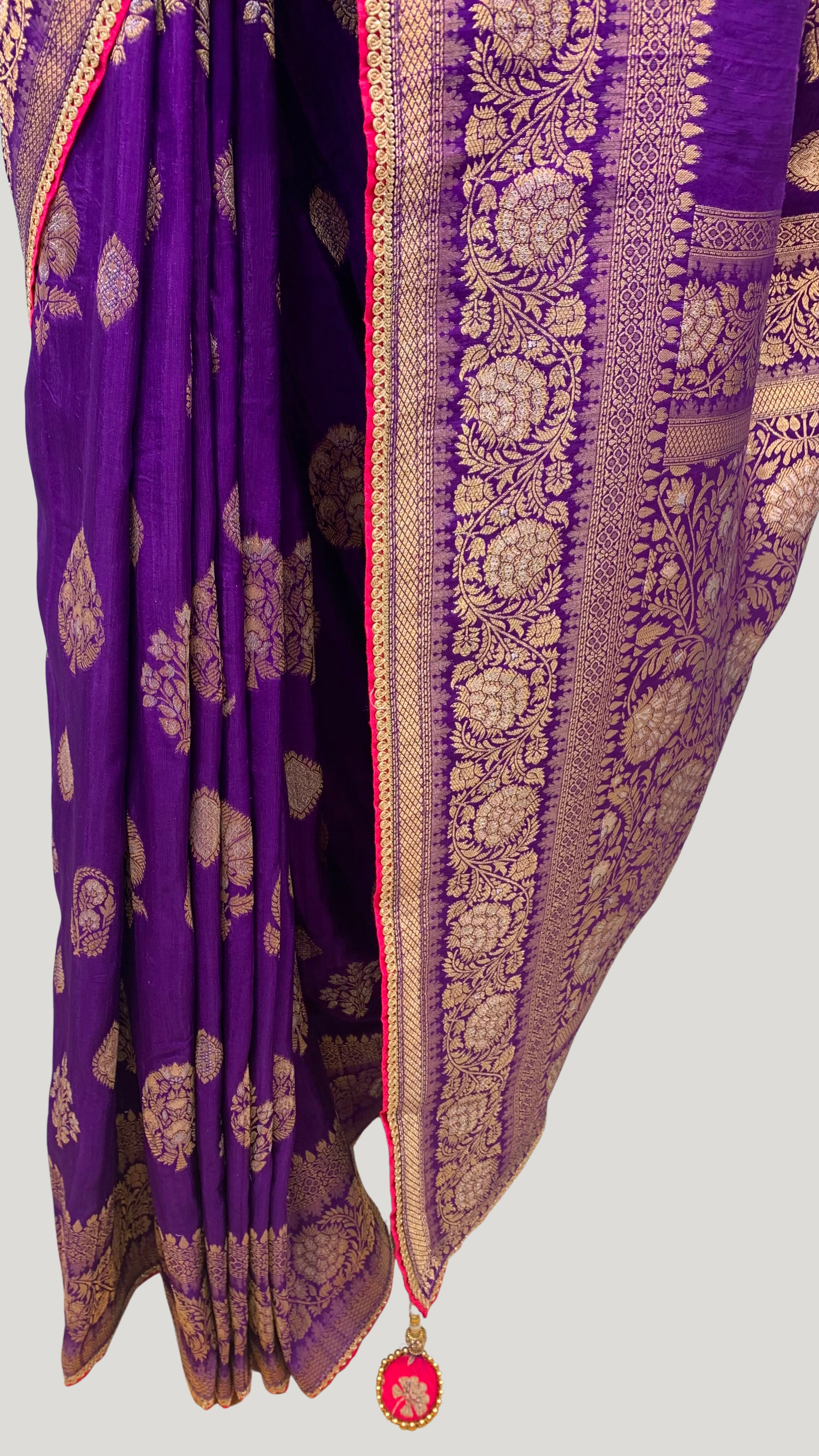 Purple Banarasi Silk Saree with Stitched Pink Blouse and Weaving Work