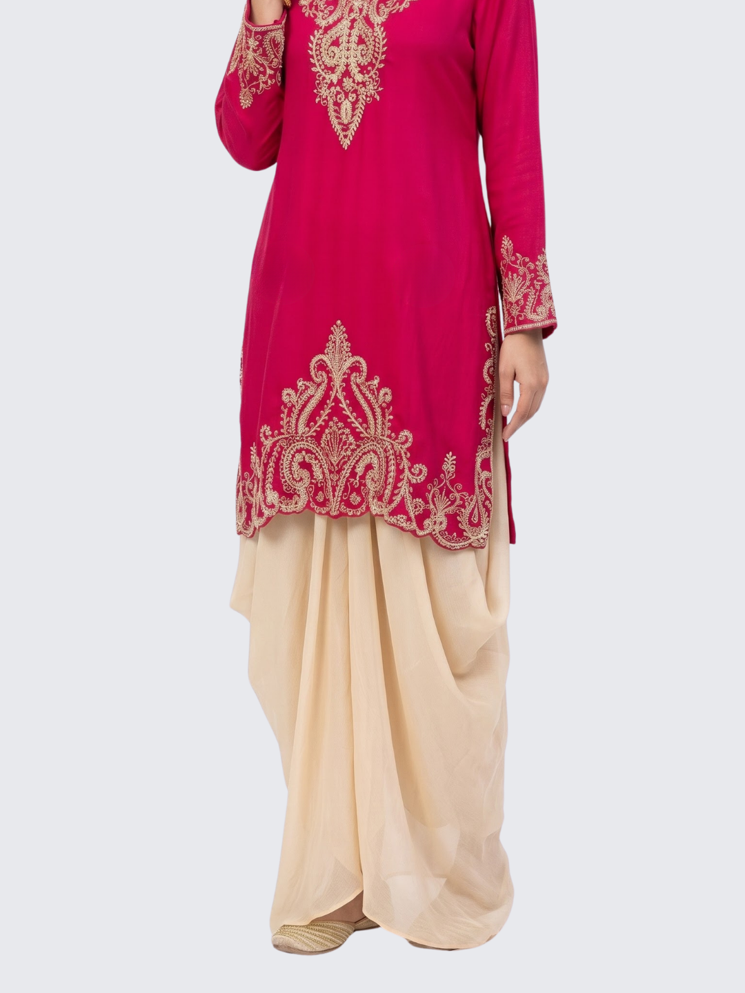 Red Chinon Dhoti Suit Set with Cutdana, Sequins, Pearl and Dabka Embroidery
