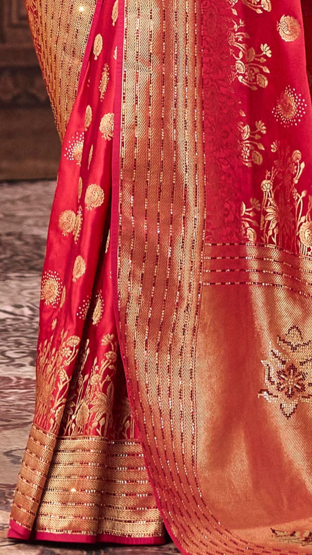 Red Satin Embroidered Saree With Rani Blouse