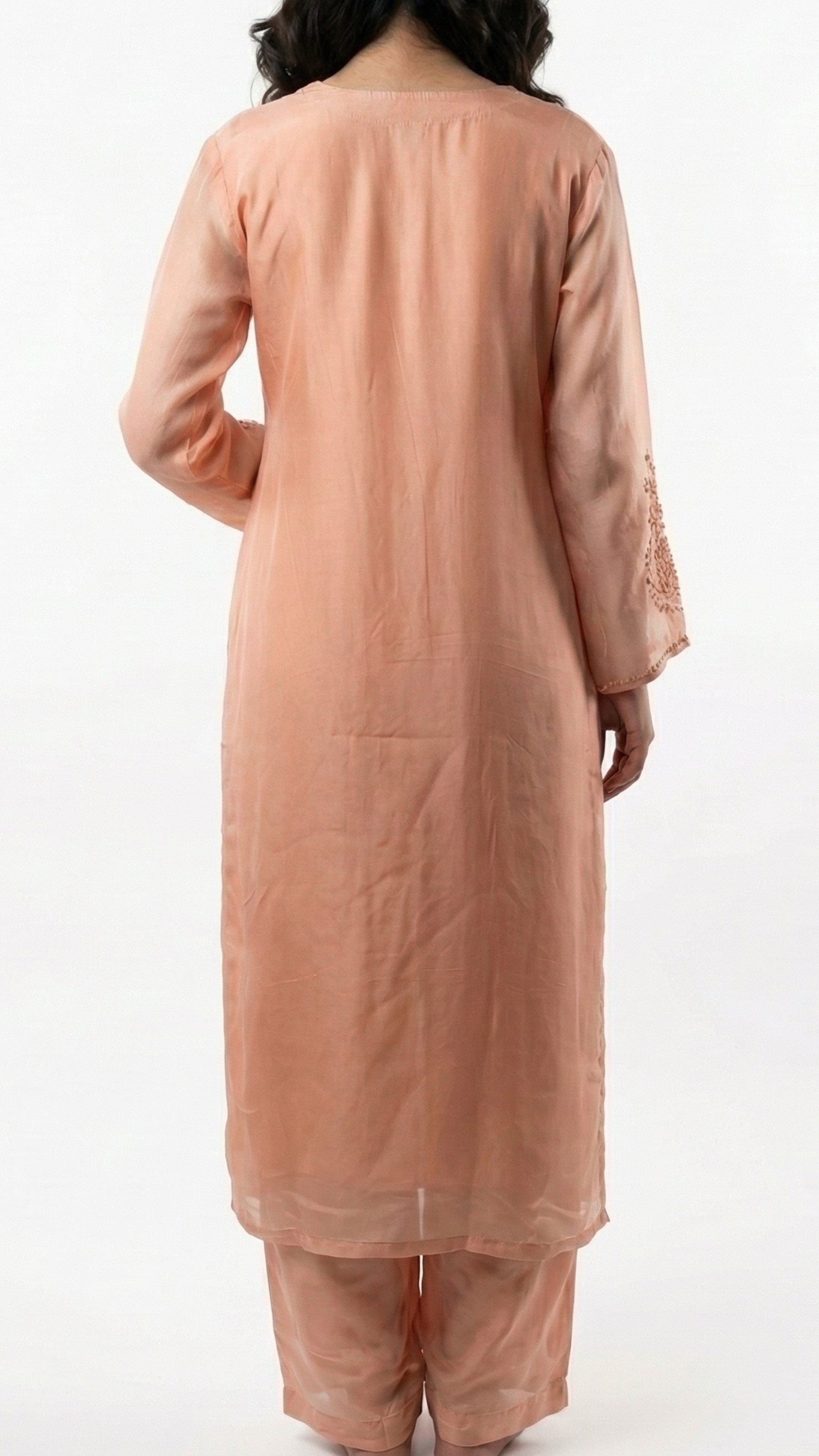 Dusty Peach Soft Organza Suit with Cutdana, Pearl & Moti Detailing