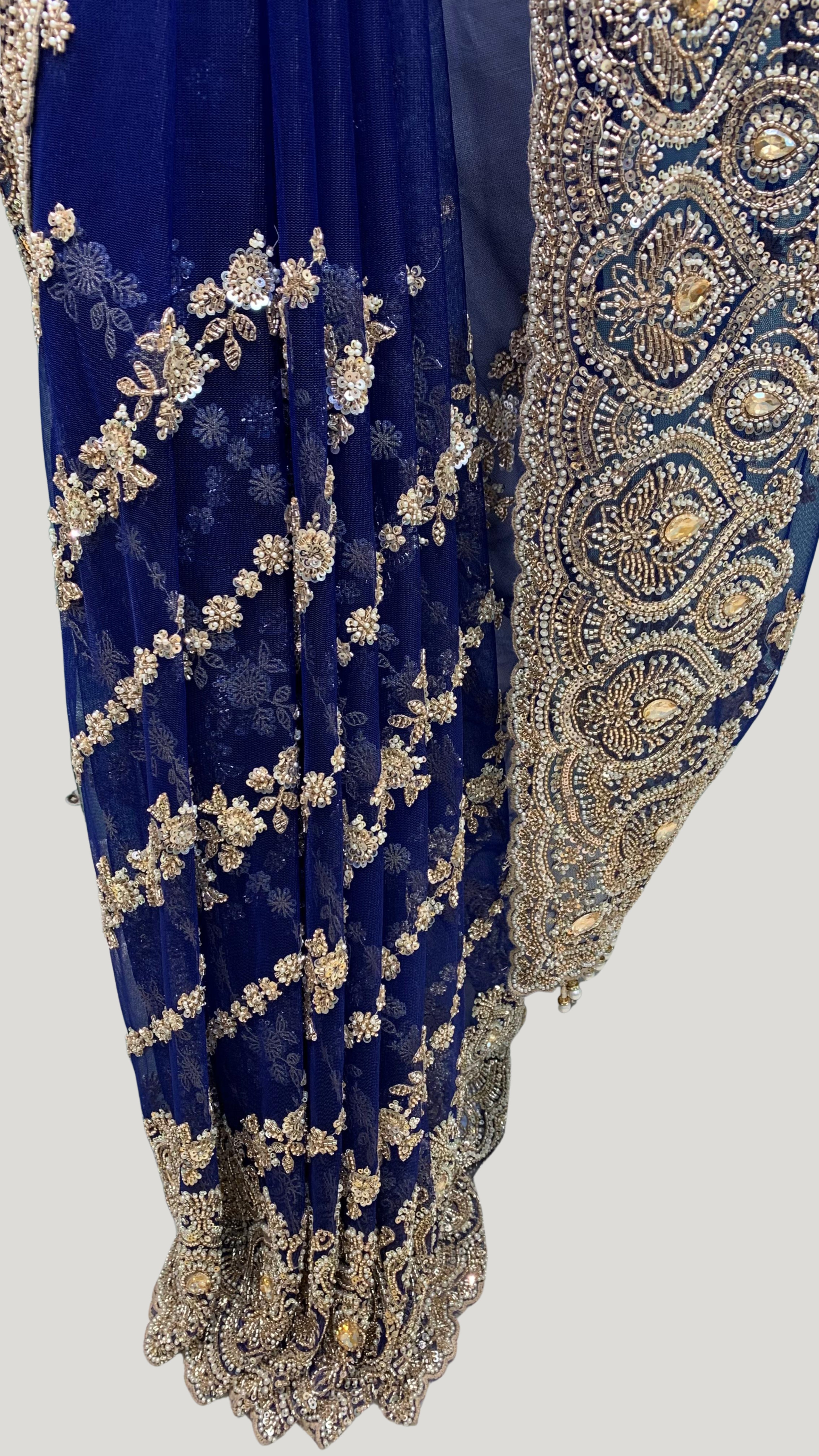 Midnight Blue Net Saree with Cutdana, Moti & Sequins Work