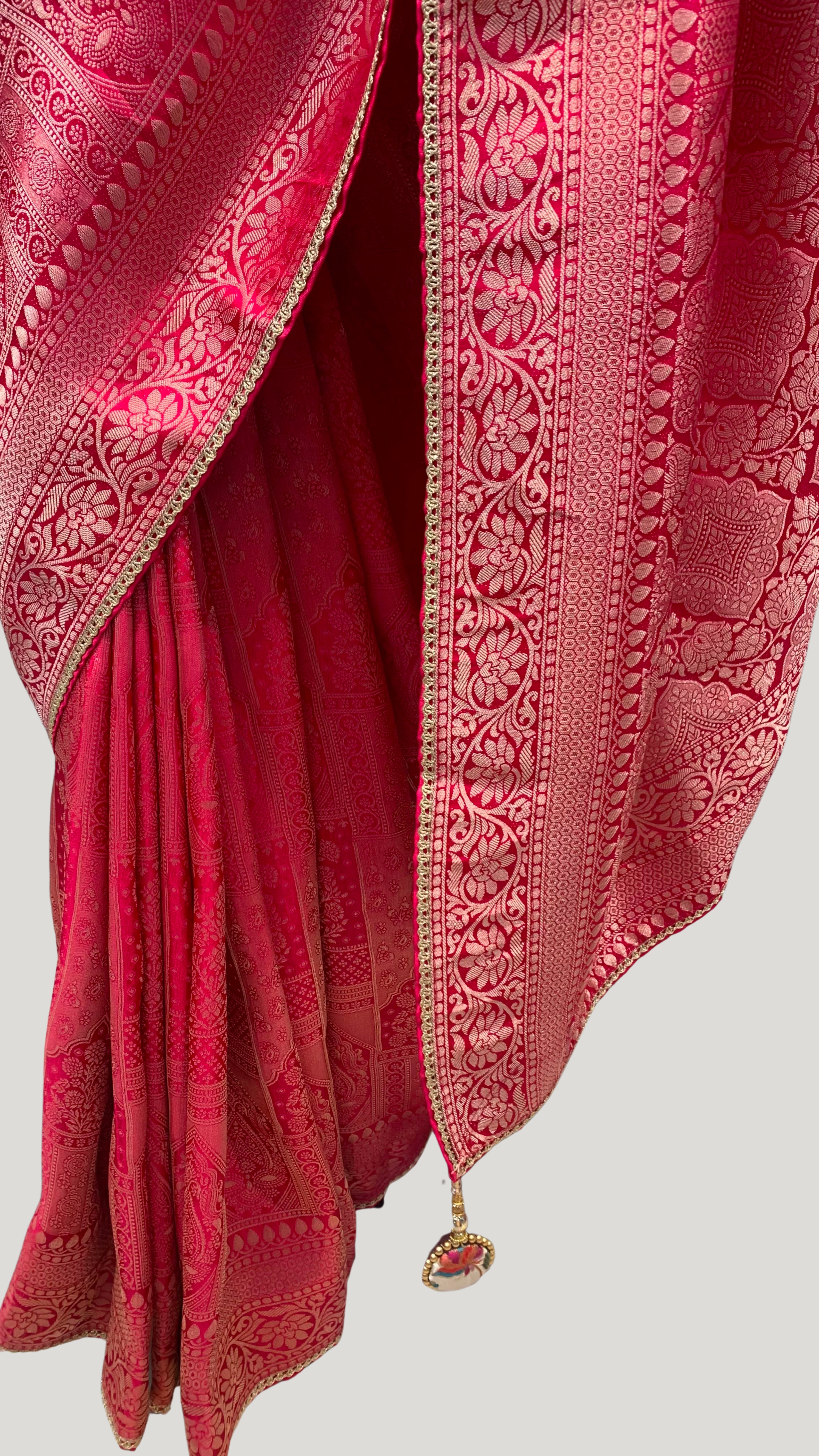 Red Silk Saree with Hand Print & Work
