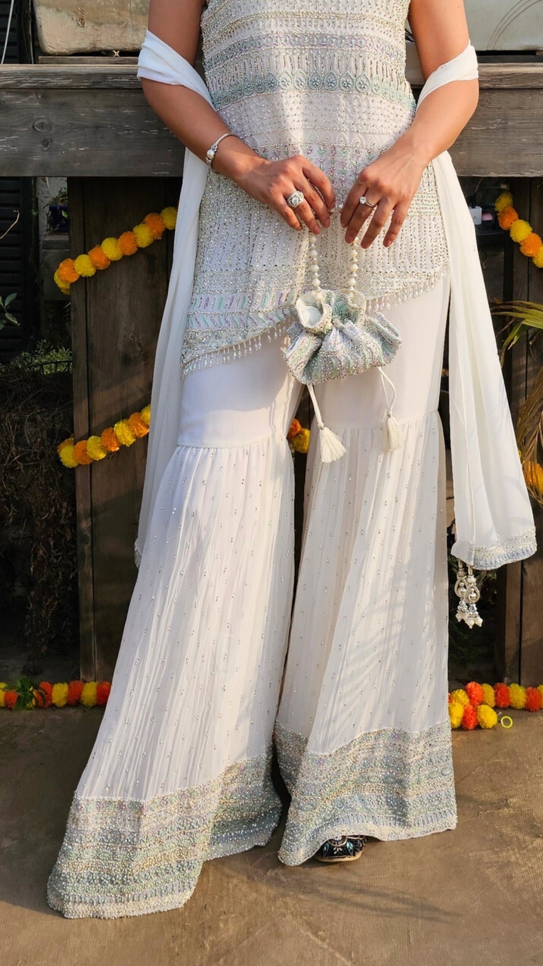 White Georgette Indo-Western with Thread, Stone & Pearl Work