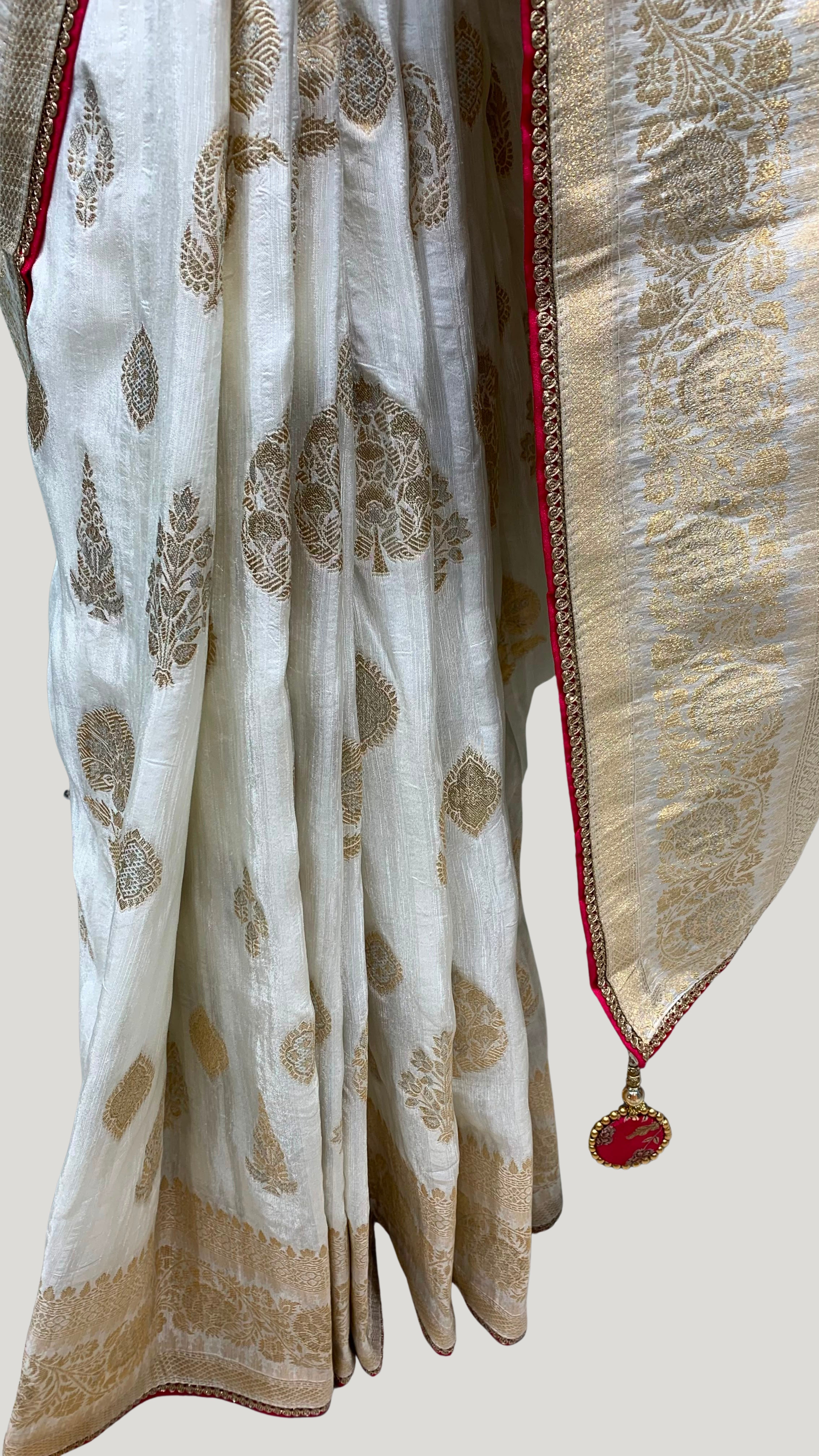 Ivory Banarasi Silk Saree with Stitched Pink Blouse and Weaving Work