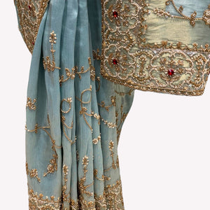 Sky Blue Tissue Unstitched Saree Embellished With Sequins, Cutdana, Moti & Stone Work