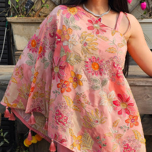 Pink Crepe Indo-Western with Zari, Sequin & Hand Print